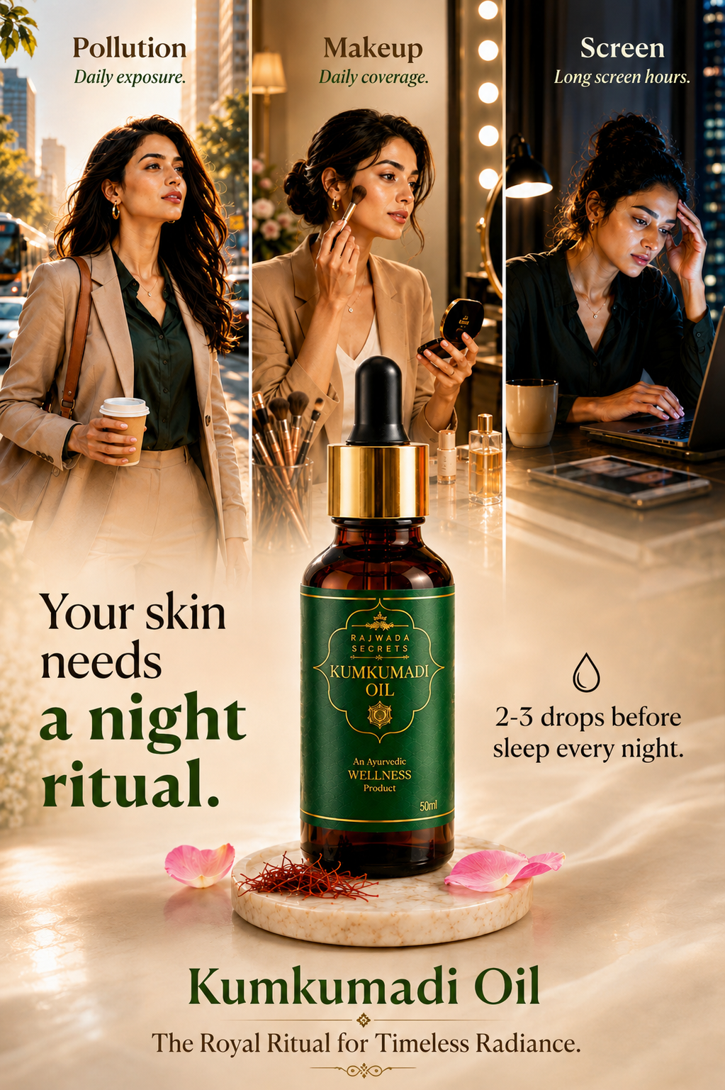 Rajwada Secrets Kumkumadi Oil displayed as a luxurious night skincare ritual for modern women exposed to pollution, makeup, and long screen hours.