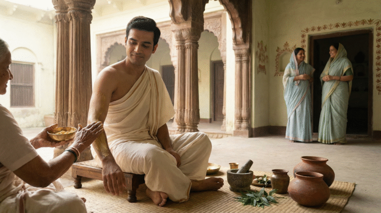 Ubtan ritual in Indian households shown as a daily Ayurvedic practice where an elderly woman applies fresh ubtan on a man in a traditional Mithila courtyard