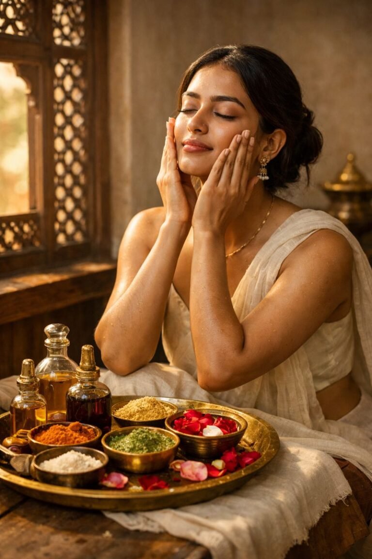 Ayurvedic skincare routine using traditional oil massage
