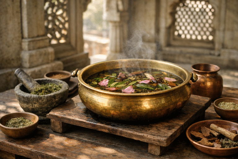 Ayurvedic oil infusion using herbs slowly heated in a brass vessel in a traditional Indian haveli courtyard