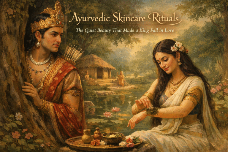 Ayurvedic skincare rituals illustrated through Shakuntala applying herbal care in a forest hermitage as Raja Dushyant observes her natural radiance