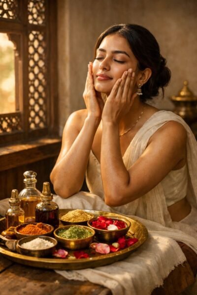Ayurvedic skincare routine performed by a woman with ayurvedic powders, ubtan, and facial oil arranged on a brass tray in a serene setting.