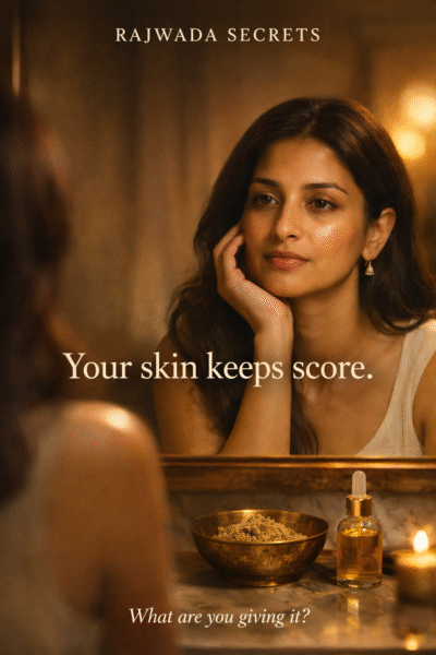 Skin care routine for daily exposure shown with Indian woman looking in mirror and Ayurvedic ubtan and oil for natural skin nourishment