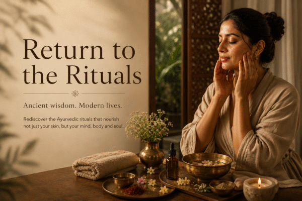 Woman practising an evening Ayurvedic skincare ritual inspired by the philosophy of Return to the Rituals in a calm and mindful setting.