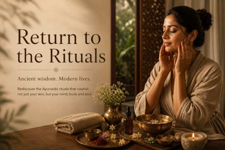 Woman practising an evening Ayurvedic skincare ritual inspired by the philosophy of Return to the Rituals in a calm and mindful setting.