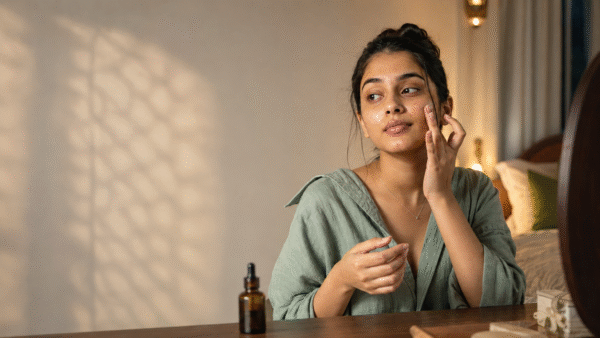 Young Indian woman applying facial oil as part of her Ayurvedic night skincare routine.