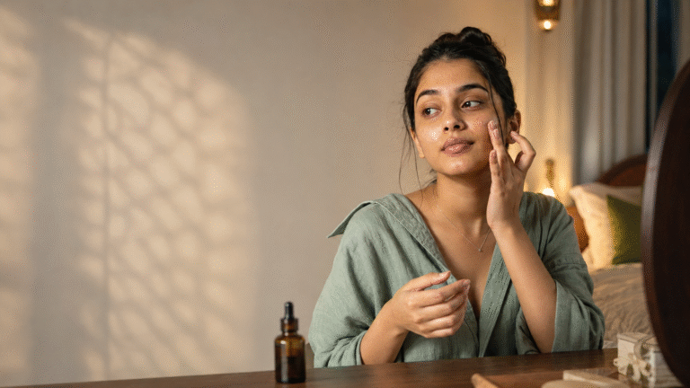 Young Indian woman applying facial oil as part of her Ayurvedic night skincare routine.