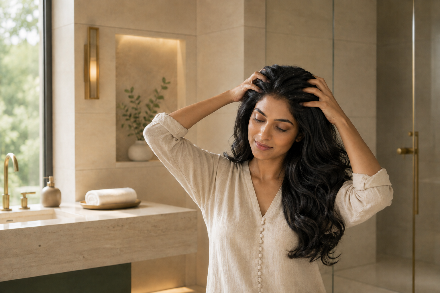 Woman gently massaging her scalp during a hair-care ritual in a modern spa setting