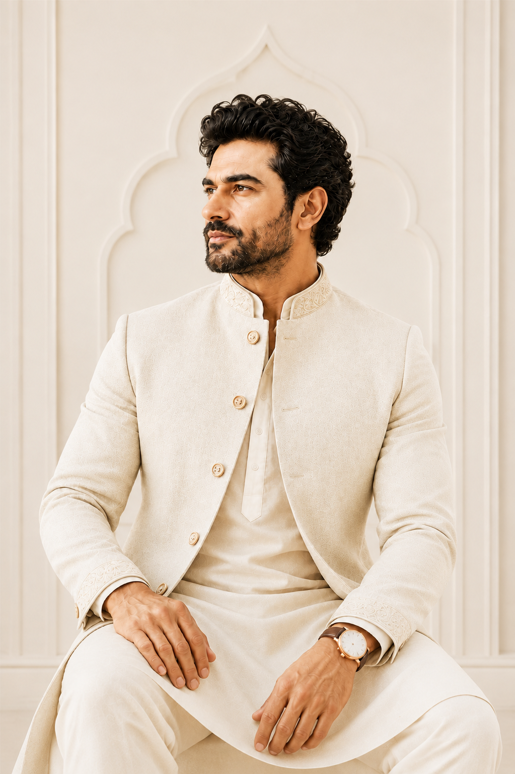 Gentleman in ivory traditional attire in a refined architectural setting
