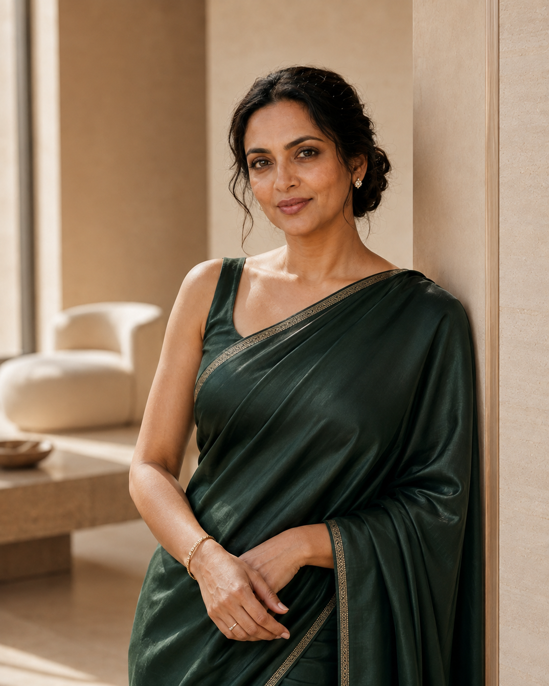 Woman in a modern forest green sari with delicate jewellery in an ivory luxury interior