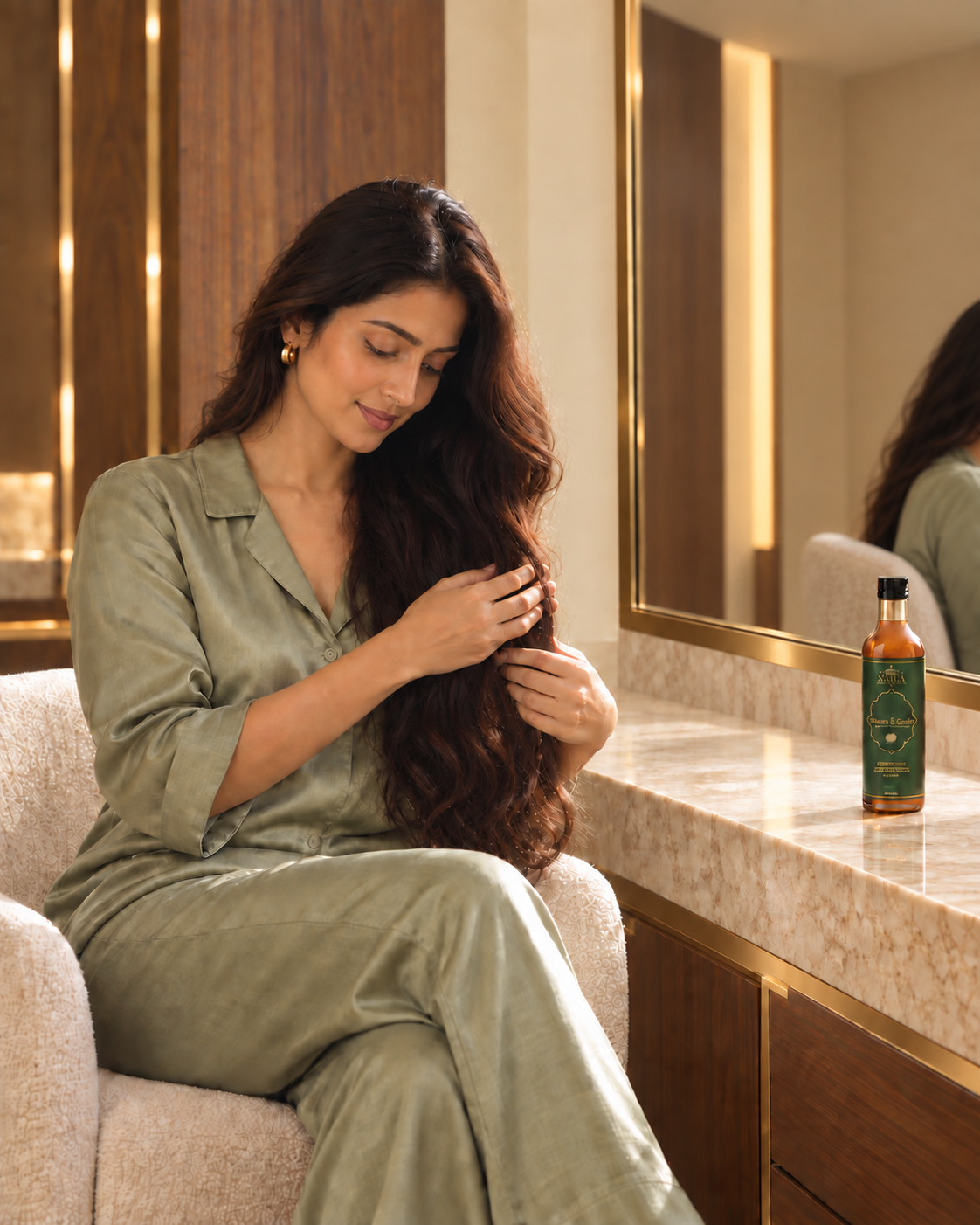 Woman caring for her hair at a modern mirrored vanity with Waves and Curls hair oil