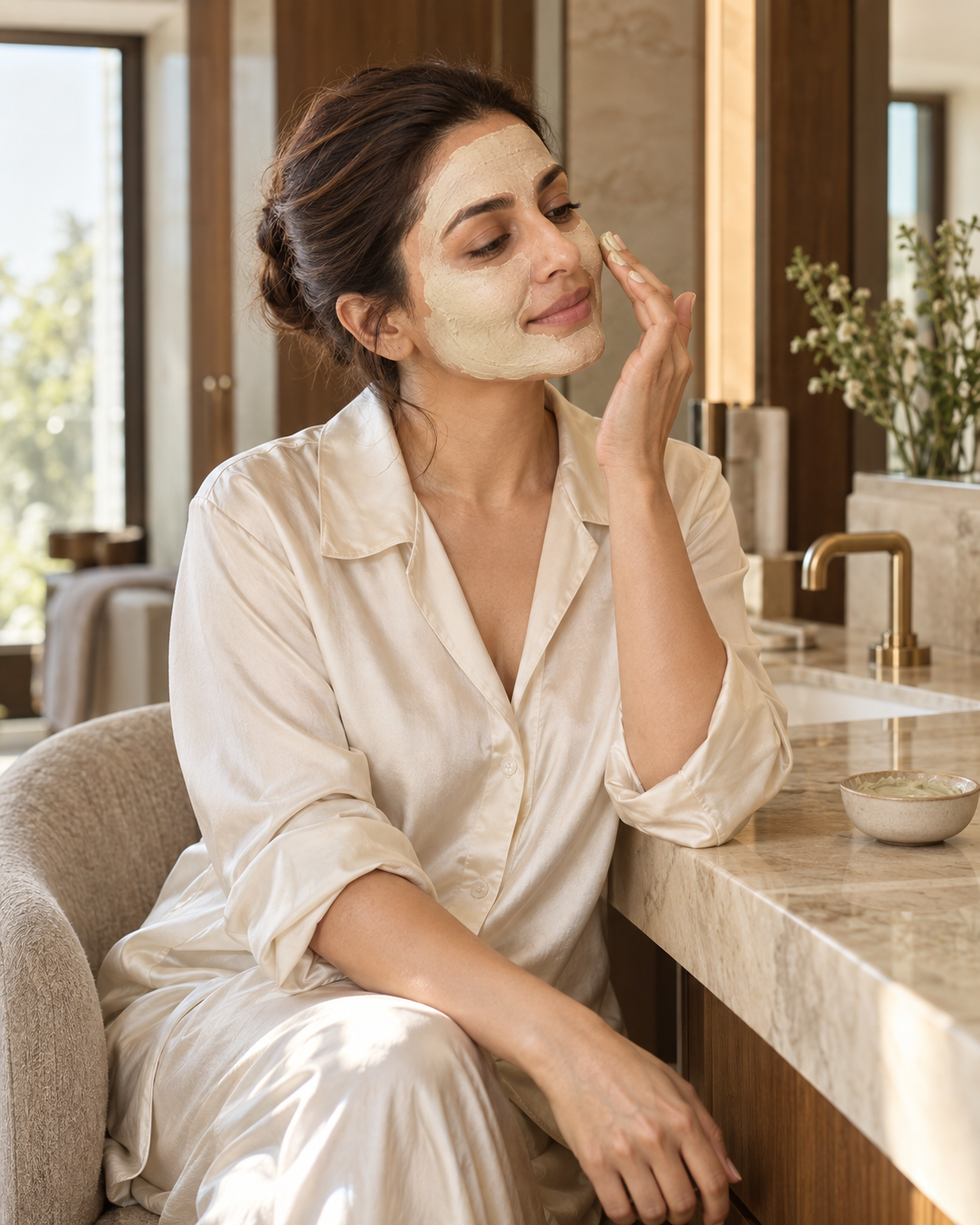 A face-pack ritual in a sunlit modern interior