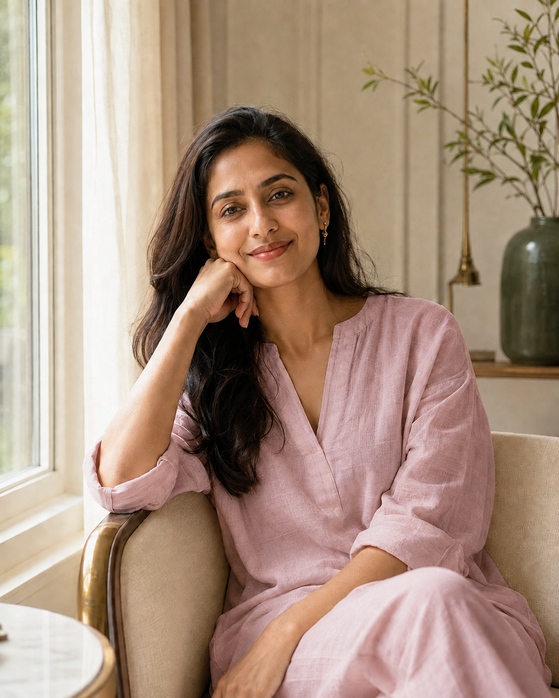 Woman in dusty rose enjoying a quiet moment beside a sunlit window