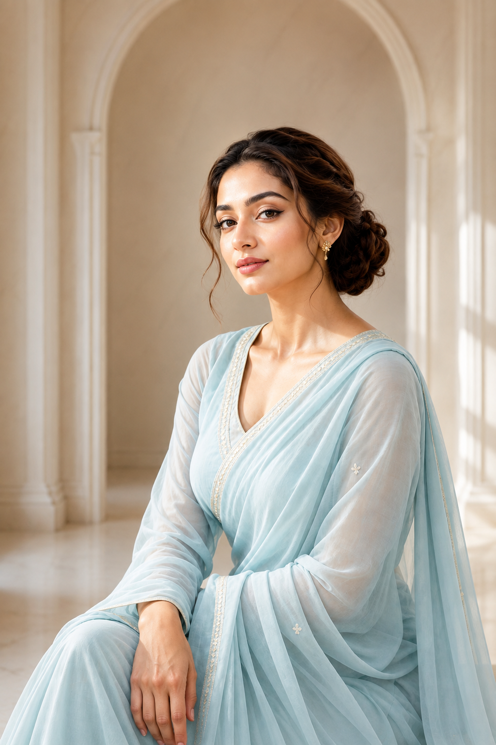 Woman in pale blue traditional attire in a softly lit ivory architectural setting