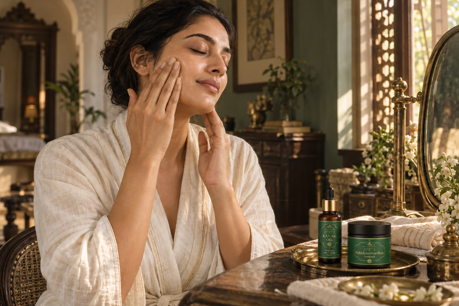 A woman gently massaging her face with Kanak Taila, with the individual Kanak Taila bottle and Mukhkantivardhak Face Pack jar on her vanity