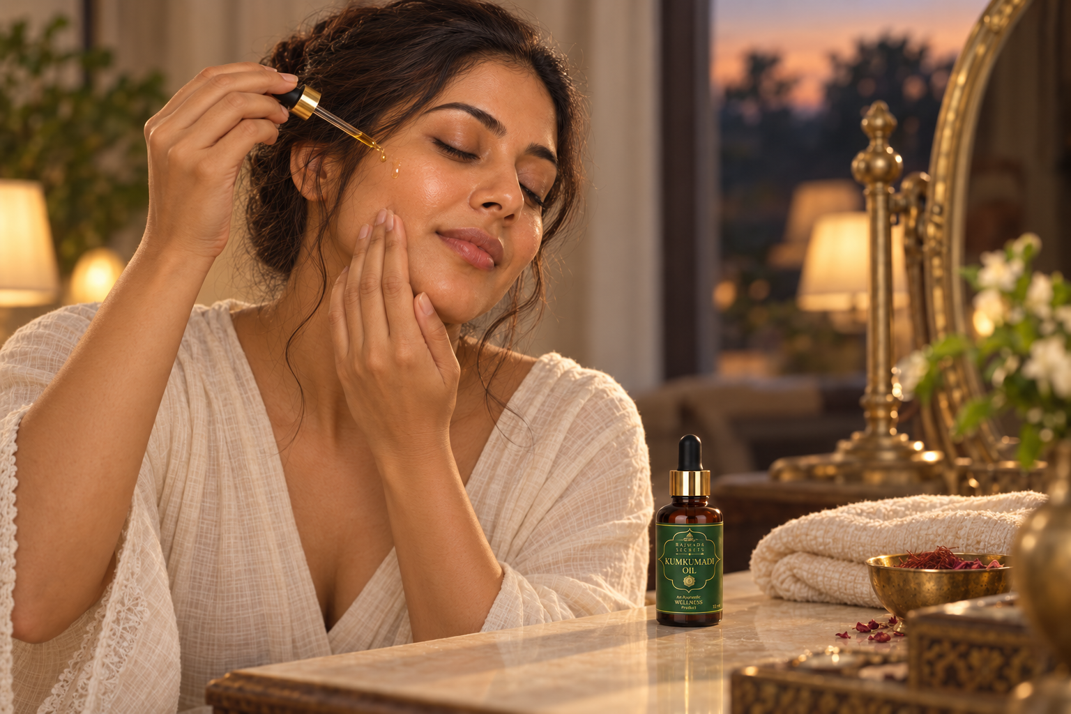 A woman applying Kumkumadi Oil beside its bottle on a dressing table